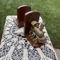 Vintage Enesco Brass Train Locomotive Wood Book Ends