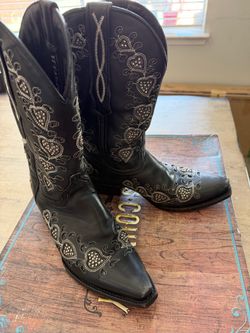 Black Leather Cowboy Boots with Heart Embroidery
