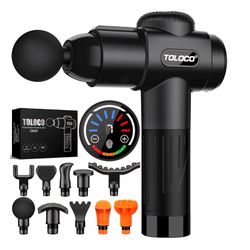 TOLOCO Massage Gun Deep Tissue, Percussion Massage Gun with 10 Replacement Heads, Super Quiet Portable Electric Massager for Athletes, Relax, Black