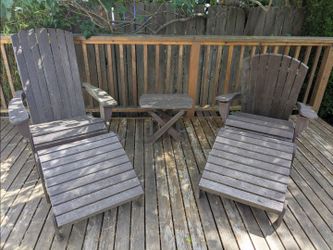 Pair of Brown Wooden Adirondack Chairs (One Broken but Likely Repairable) with Ottomans and a Side Table