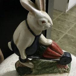 Cast Iron Bunny With Carrot Wheelbarrow Doorstop 9.5” 