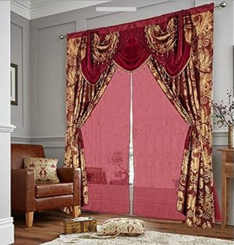 Jacquard Luxury Window 2 Panel Set Burgundy Gold Curtain with Attached Valance and Backing Bedroom Living Room Dining 2 Curtains 55x84 inches Each Jan