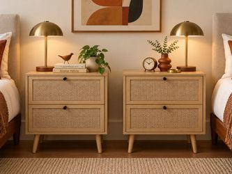 Mid Century Rattan Nightstand Set of 2