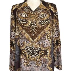 Susan Graver Women’s Brown Printed Collared Long Sleeve Blouse Size 18