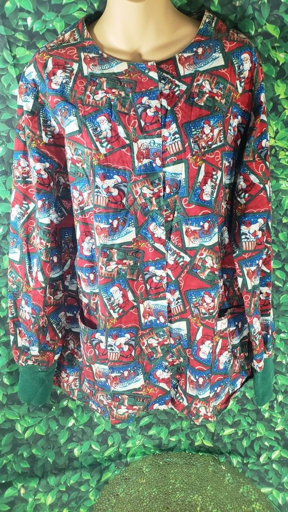 VINTAGE WOMENS SZ MEDIUM LONG SLEEVE CHRISTMAS SANTA CLAUS COTTON SCRUBS