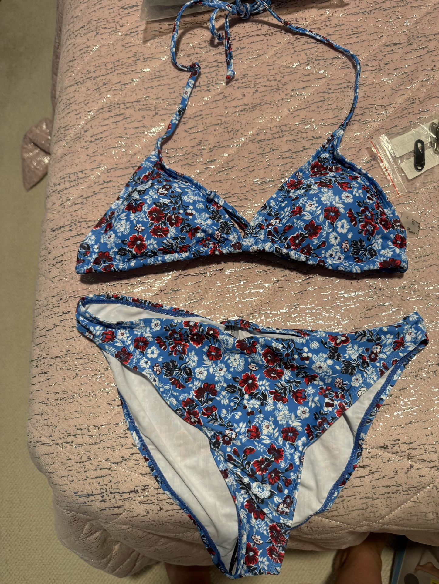 Floral Print Two-Piece Bikini Set For Women, Adjustable Halter Neck, Summer Beach Swimwear, Triangle Top And Bottoms