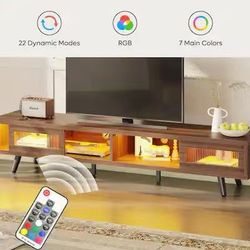 LED TV Stand for TVs up to 75" TV, Mid-Century Modern Entertainment Center with Sliding Glass Door, Media TV Console Table, Ancona Walnut$110