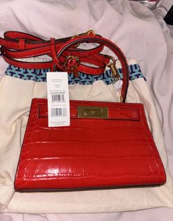 Tory Burch Lee Radziwill petite bag Brilliant Red Croc-Embossed NWT & Dust bag