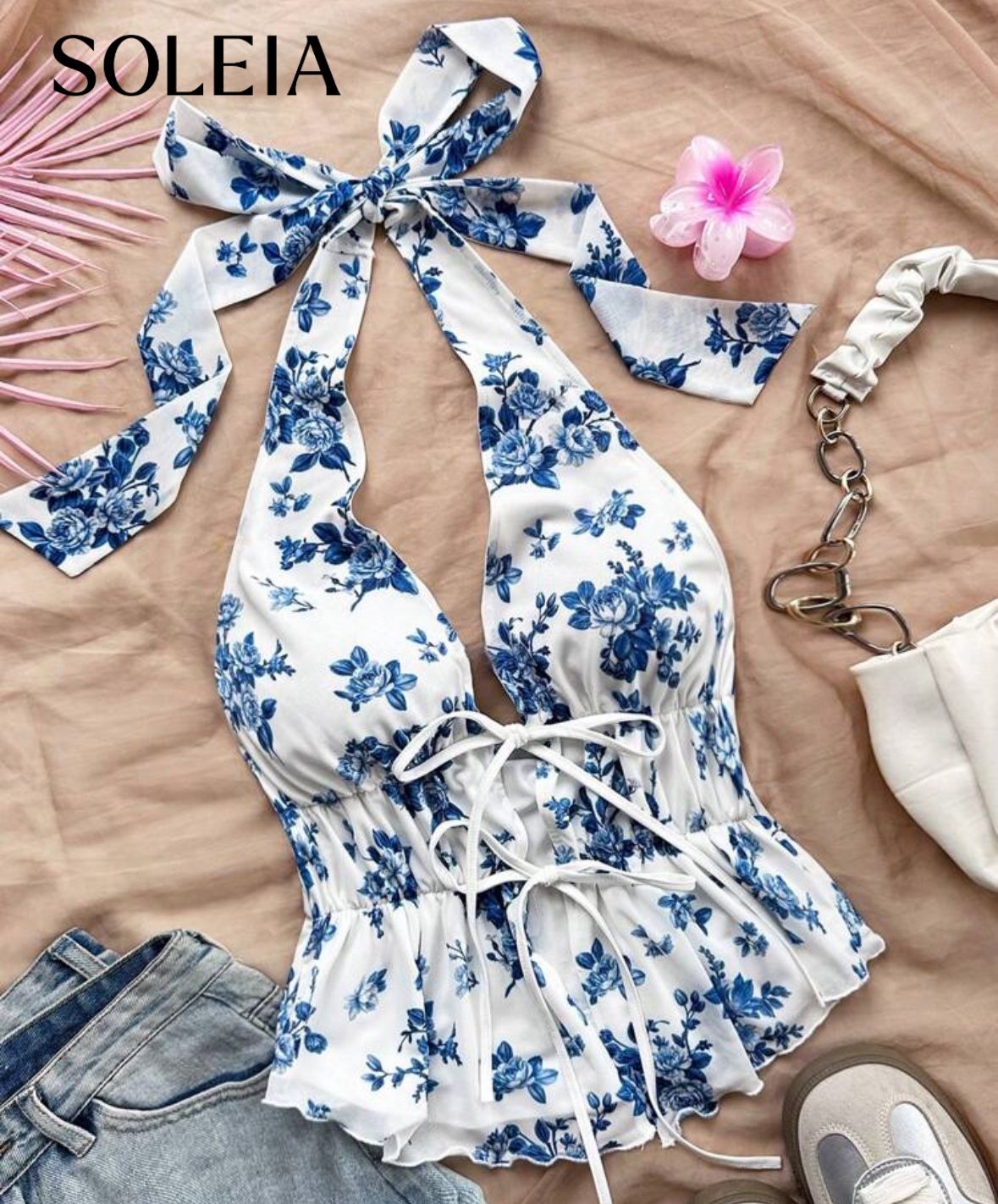 White & Blue Halter, Tie-Front Cute Top