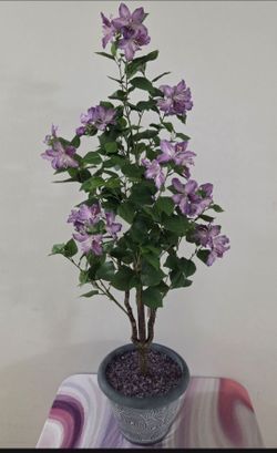 50" Faux Purple Hibiscus Topped w Amethyst Stone / Blue Circle Planter @ Lasting Creations