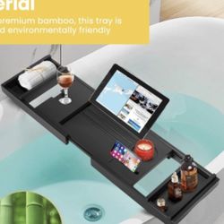 VIVOHOME Expandable 43 Inch Bamboo Bathtub Caddy Tray with Smartphone Tablet Book Holders, Soap Tray, Wine Glass Slot, Black  