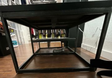 Rectangular Console Table with Storage Shelf, Wood Grain Top, Black Metal Frame