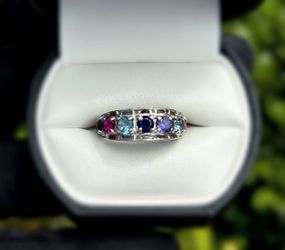 Jewelry 14k solid white gold rose quartz ruby sapphire purpurite cobalt aquamarine 0.40CTW ring sz 7.50