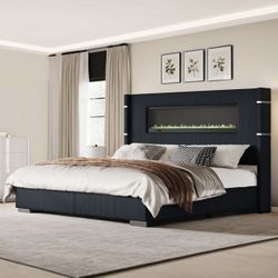 H Modern King Size Bed with Corduroy Upholstered Headboard & Fireplace,Black