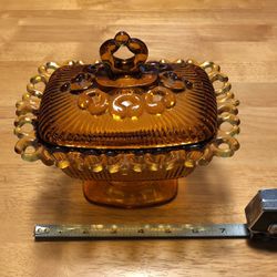vintage amber glass candy dish, Indiana glass open lace edge