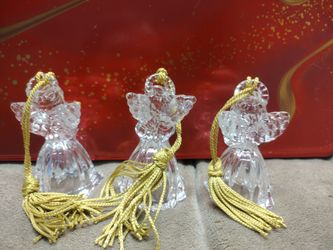 Gorham Set Of 3 Crystal Angel Ornaments With Gold Tassels 2 3/4" German