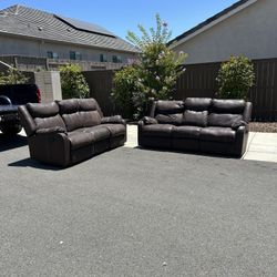 2-Piece Reclining Sofa Set – Brown Faux Leather – Great Condition! (delivery available)