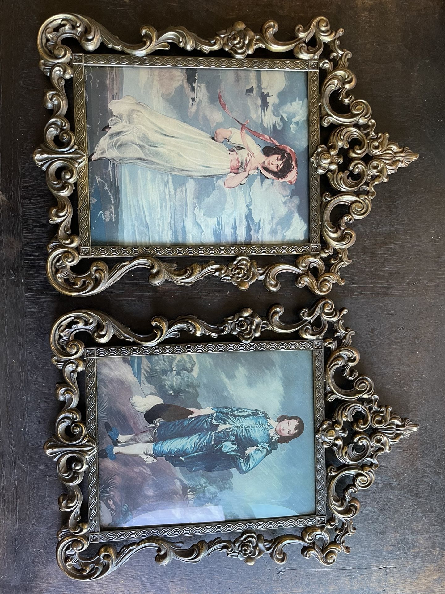 Vintage 19” Blue Boy and Pinky Lawrence Portraits in Ornate Bubble Glass Frame. 