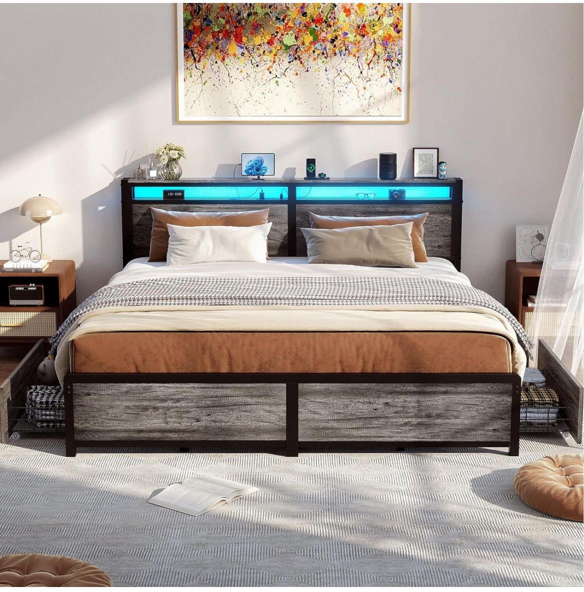 King Bed Frame With Storage Drawers Grey Oak