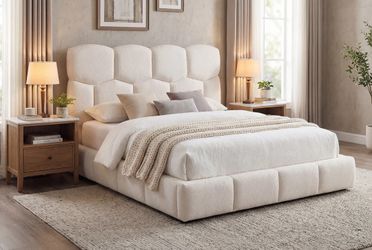 PLATFORM BED PERL WHITE WOVEN FABRIC  (AD8745) QUEEN $429 E KING $469  FREE LOCAL DELIVERY  