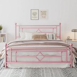King Size Metal Platform Bed Frame with Vintage Cross Pattern Headboard&Footboard, Pink