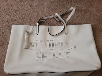 Victorias Secret White Tote Bag Purse Silver Tassel Vegan Faux Leather Large