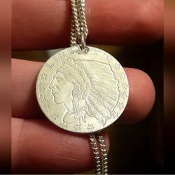 999 Fine Pure Silver Indian Head Half Eagle 1/4th Oz Round Pendant + .925 Chain