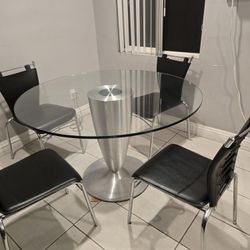 Modern Glass Round Dining Table Set - 4 Black Chairs Included - Perfect Condition