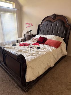 Queen bed, mattress and nightstand