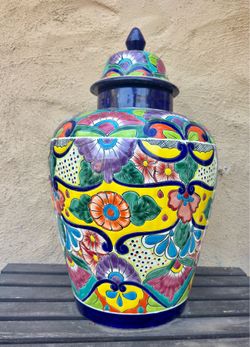 Large Hand-Painted Talavera-Style Ceramic Ginger Jar with Lid – 23"
