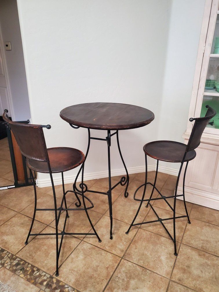 Bistro Table And Chairs - Collapsible, Wrought Iron, Wood, Leather