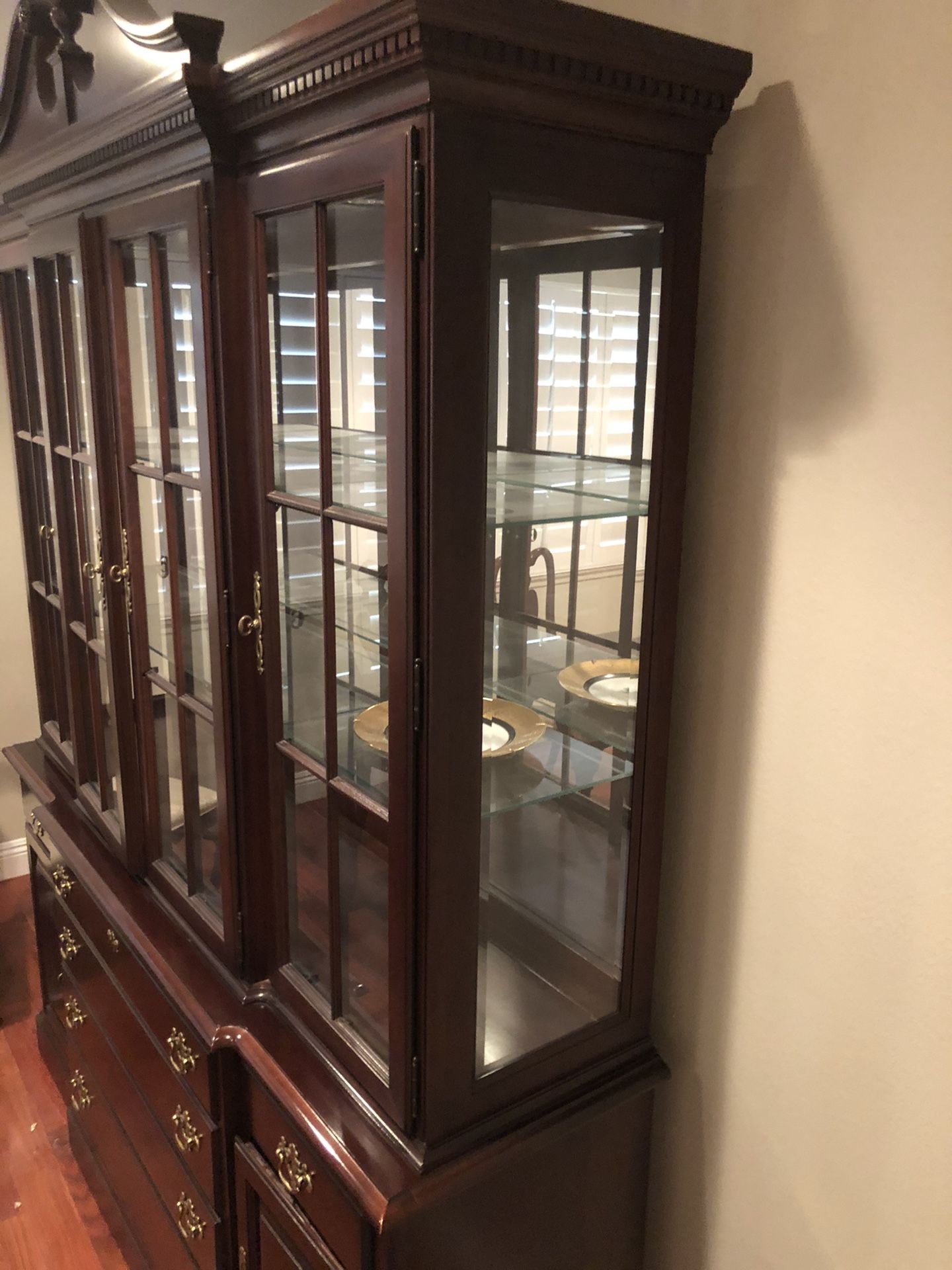 Hutch dining room table, chairs, and china cabinet