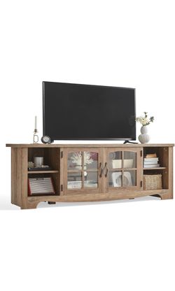 TV Stand for 75 Inch TV, Modern Farmhouse Entertainment Center with Storage Cabinets and Glass Door