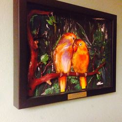 Very unique 1 of a kind 3-D effect beautiful hand sculpted and hand painted lovebirds.   Set in a high quality frame with museum glass.  Measures 17.5