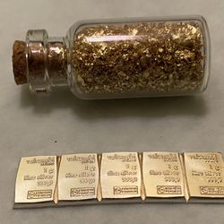 Large Vial Of Gold Flakes And 5 (1) Gram Silver Bars 