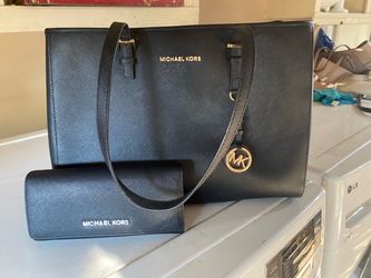 Michael Kors Jet Set Black Saffiano Leather Tote Bag and Matching Wallet Set
