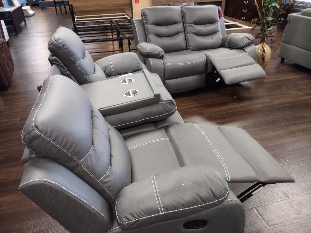 New Recliner Sofa And Loveseat In Grey Fabric