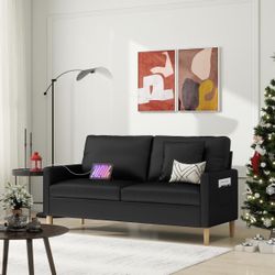 66" W 2-Seat Faux Leather Loveseat Sofa w/ 2 USB Charging Ports 