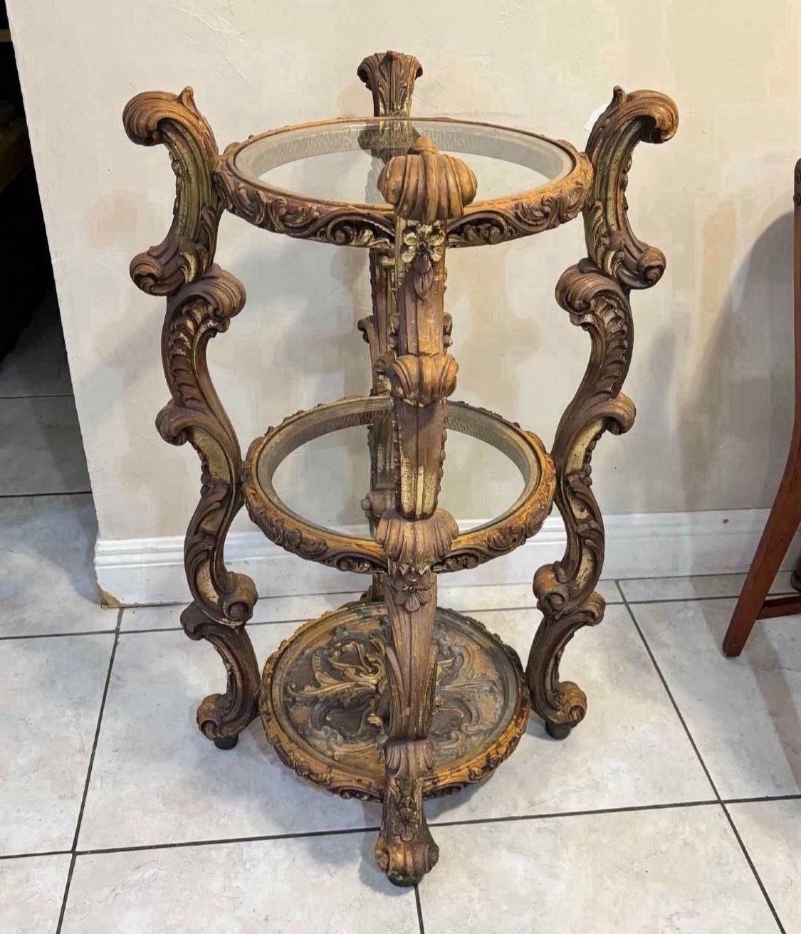 VINTAGE Neoclassical French Gold Round Table/3 Tier 37”H 16” in diameter