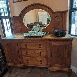 Antique Carved Oak Sideboard Oval Mirror 
