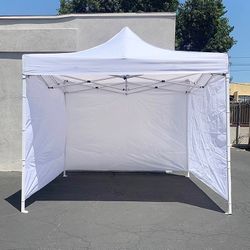 (NEW) $129 Heavy Duty White 10x10 ft Canopy with 3 Sidewalls EZ Popup Outdoor Gazebo, Carry Bag