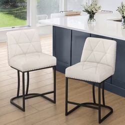 LUE BONA Beige Fabric Bar Stool Metal Frame Upholstered Seat Bar Chair with Backrest Rivet (Set of 2)