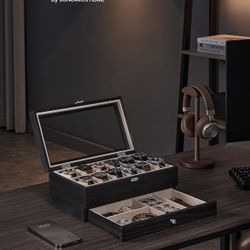 SONGMICS 12-Slot Watch Box 2-Tier Display Case with Large Glass Lid - Ink Black