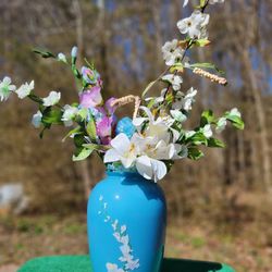 Vintage Large Blue Glass Vase with Ornate White Floral Flower Accent
