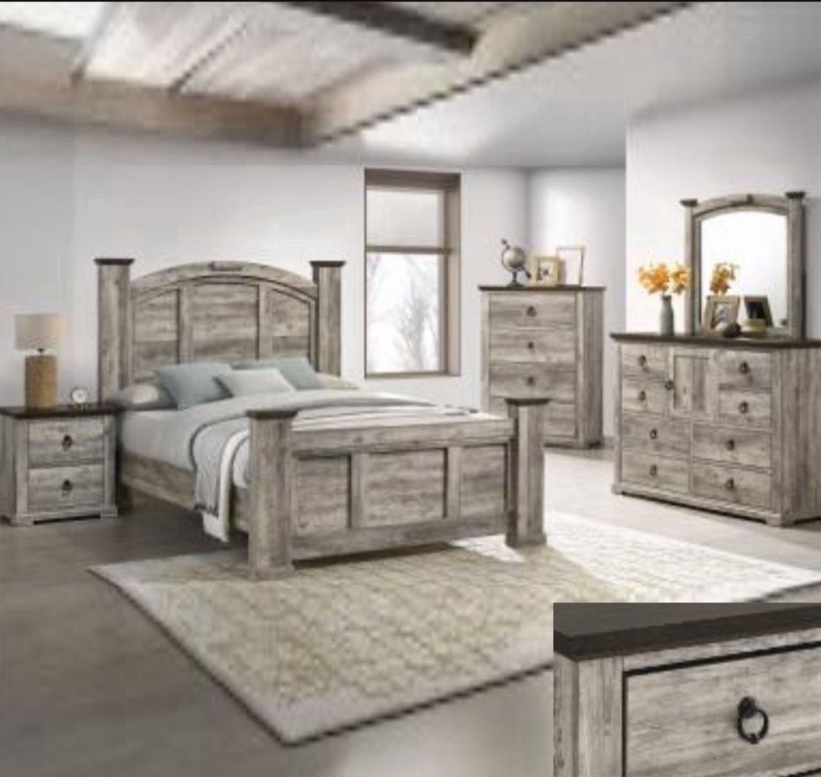 4- Pc Bedroom set Dresser,Mirror Nightstand (1) Queen size bed frame Not including Mattress and Box Sp