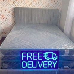 New QUEEN BED FRAME VELVET WITH MATTRESS AND BOX SPRING SET 3PCS FREE DELIVERY // CAMA NUEVA COMPLETA DELIVERY GRATIS 