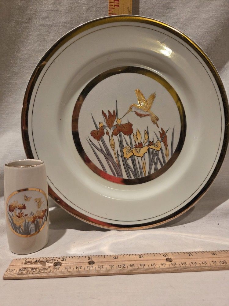 Beautiful, vintage, Gold Trimmed 10 " plate & a 3 3/4" vase,made In Japan