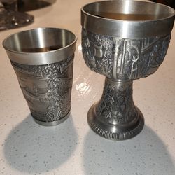 Metal 4.5 In Carved  Goblet And Wine Set
