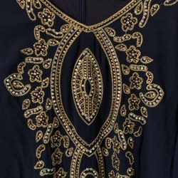 Navy Blue And Gold Embroidered Dress Flowy Sleeves Runs Big 