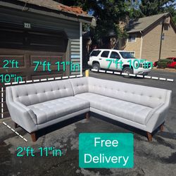 Free Delivery| Grayish White Tuffed Mid Century Modern 2 Piece Fabric Sectional Sofa / Couch